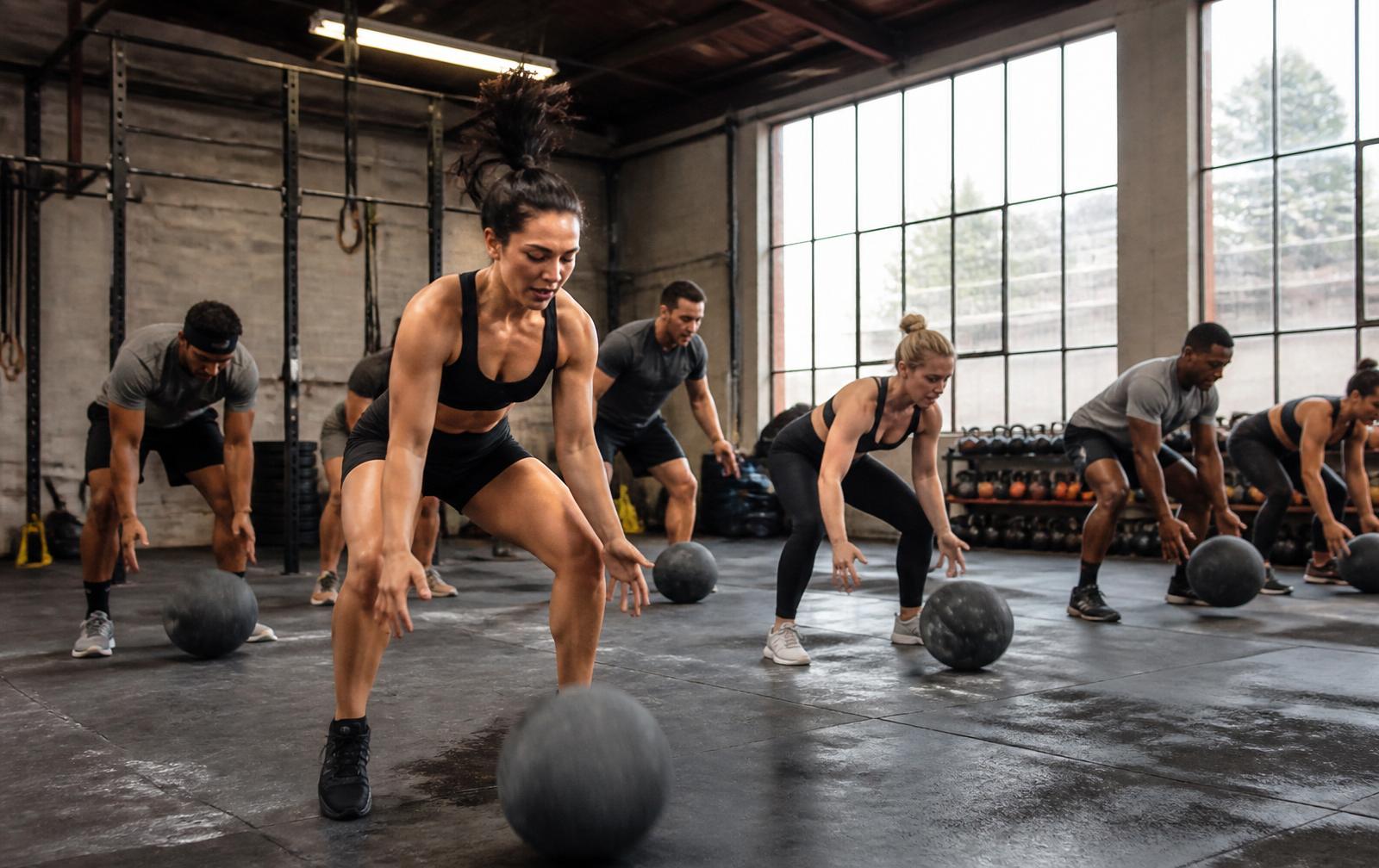 Adult group fitness slam ball class